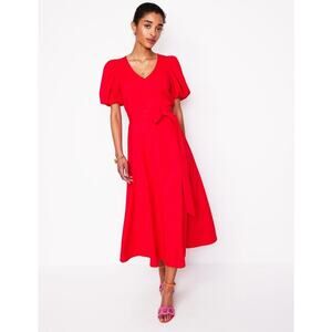 Boden Poppy Red Volume Puff Sleeve Midi Dress US 8P